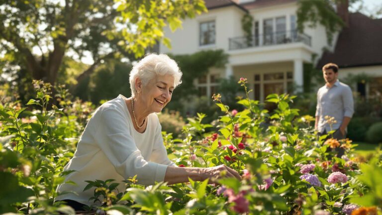 usufruit-nue-propriété-dame-agée-jardin-fils-maison